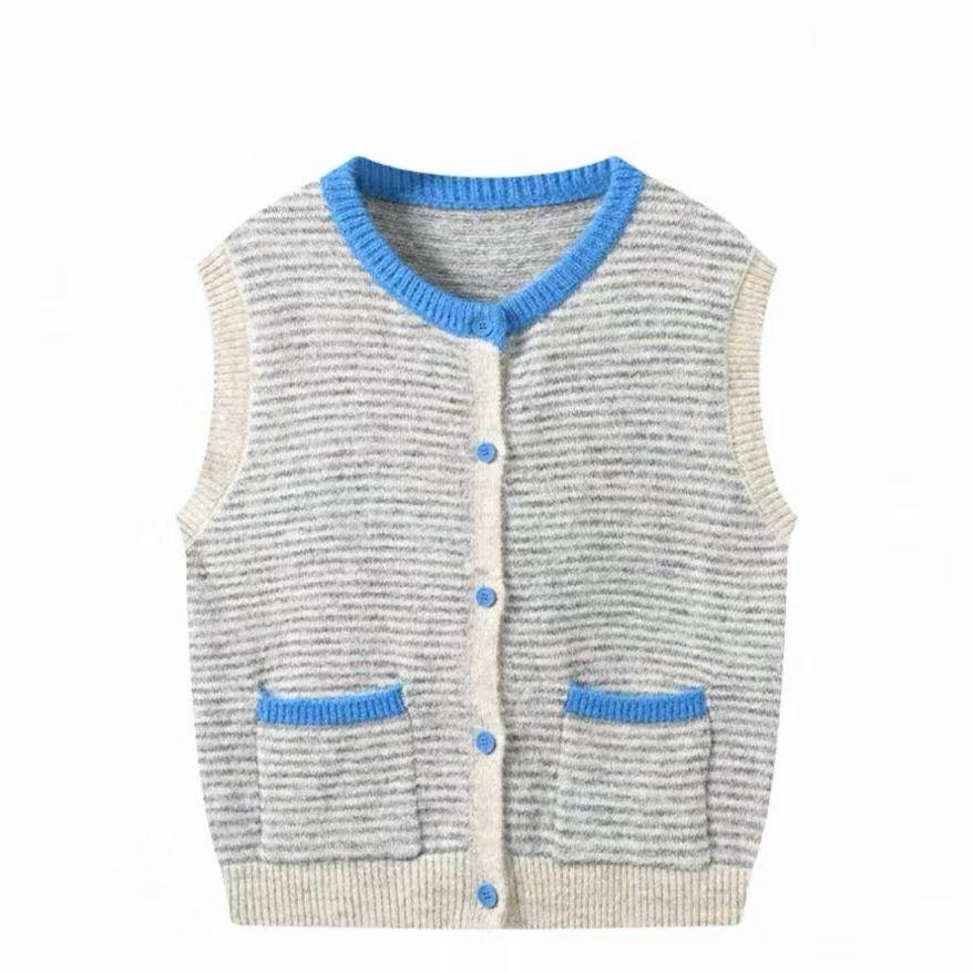 【专柜大上新】D395撞色条纹针织马甲单排扣双口袋