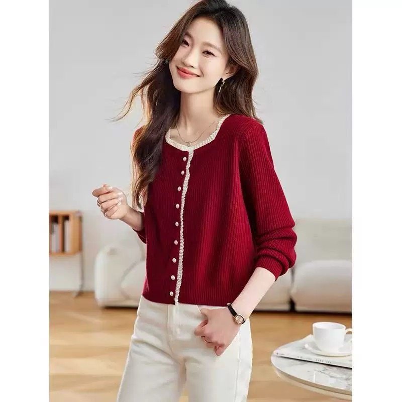 【小四粉丝专享】A297法式甜美风蕾丝拼接圆领针织开衫女红色上衣,女装/女士精品,毛针织衫,淘宝优惠券,粉丝福利购,淘宝优惠卷