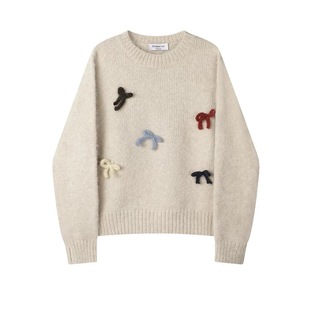 A284韩系慵懒风圆领蝴蝶结针织毛衣 小四粉丝专享