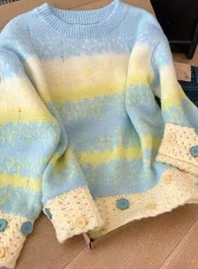 【小四粉丝专享】A245渐变色圆领套头毛衣女宽松百搭针织衫上衣