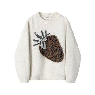 【小四粉丝专享】A283韩系圆领草莓提花毛衣女蝴蝶结针织衫