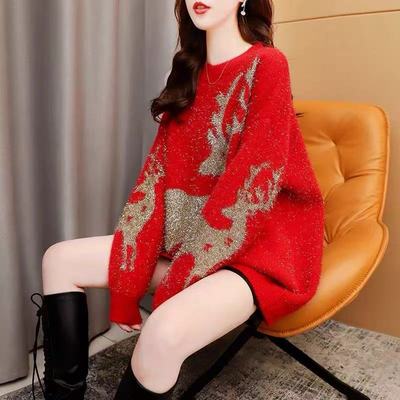 【小四粉丝专享】A228圣诞风红色驯鹿图案毛衣女宽松慵懒风