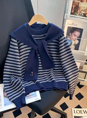 【小四粉丝专享】A237学院风海军领条纹针织衫女披肩式宽松毛衣