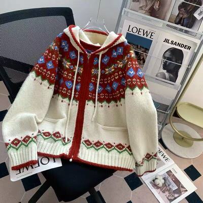 【小四粉丝专享】A289费尔岛风连帽开衫毛衣女宽松提花针织外套