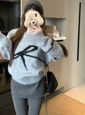 【小四粉丝专享】A235蝴蝶结提花针织毛衣女宽松显瘦百搭上衣