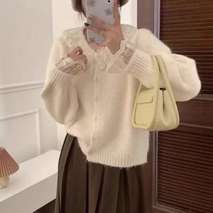女软糯毛衣 A290韩系甜美风蕾丝娃娃领针织开衫 小四粉丝专享