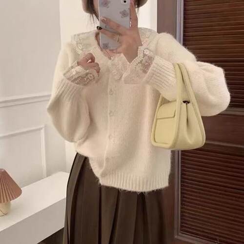 【小四粉丝专享】A290韩系甜美风蕾丝娃娃领针织开衫女软糯毛衣