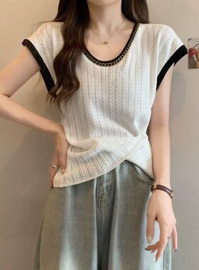 【小四粉丝专享】A476通勤风撞色圆领镂空针织衫女夏薄款短袖上衣