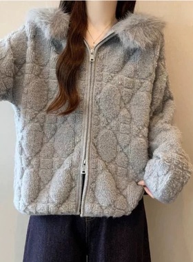 【小四粉丝专享】A231通勤风大毛领针织开衫冬季灰色加厚短外套