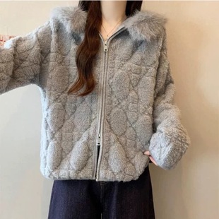 【小四粉丝专享】A231通勤风大毛领针织开衫冬季灰色加厚短外套