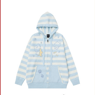 慵懒毛衣 A201软糯风卡通条纹连帽拉链针织开衫 小四粉丝专享