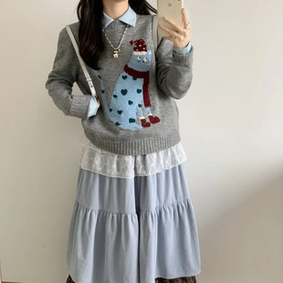 A109翻领卡通猫咪提花毛衣 小四粉丝专享