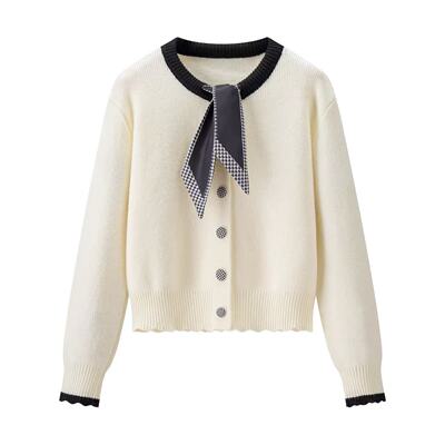 【专柜大清仓】A371法式丝巾圆领针织开衫女百搭显瘦毛衣