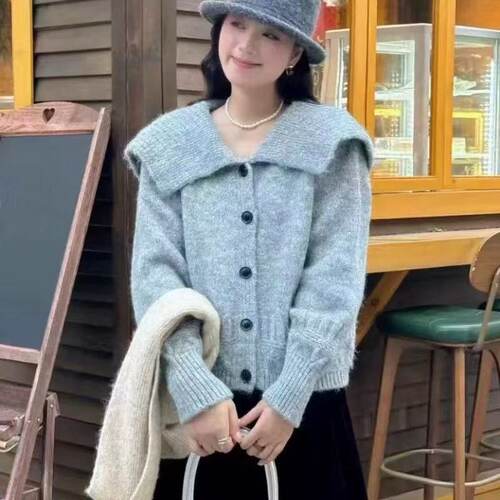 【小四粉丝专享】A427甜美大翻领针织开衫女宽松娃娃领外套