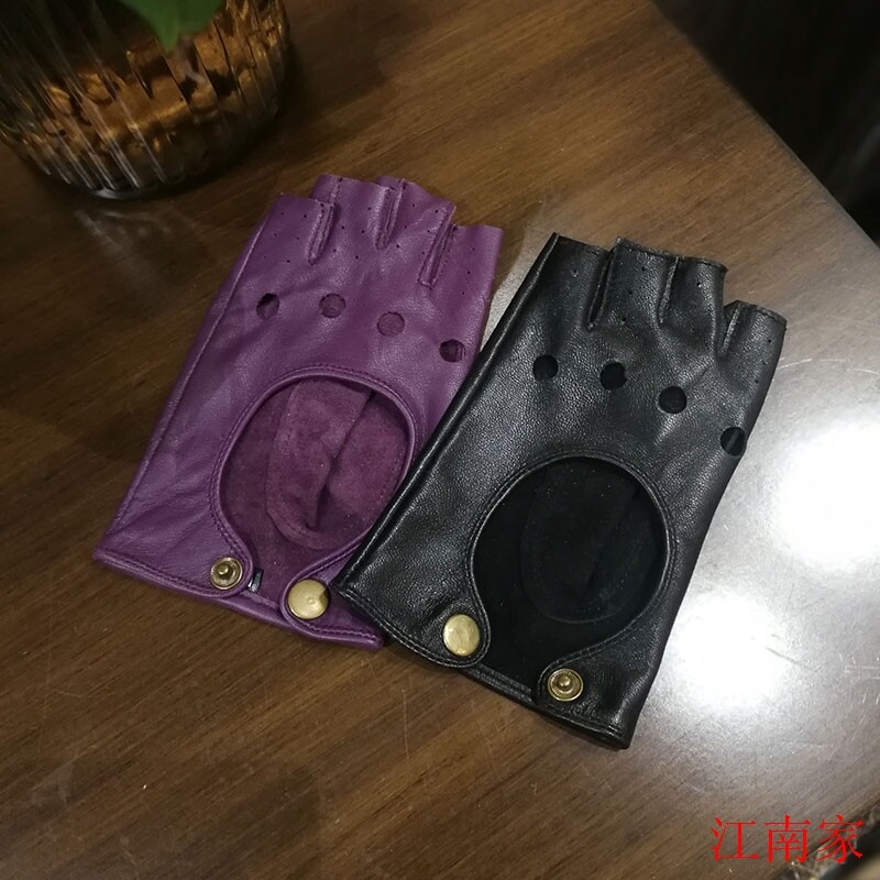女半指羊皮半掌紫色薄款短开车户外舞台表演单车钢管舞护腕皮手套