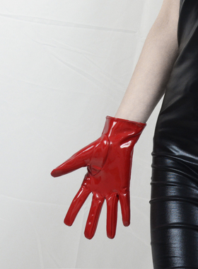 演出漆皮手套进口 亮红色黑色镜面亮皮短款仿真皮性感演出cos21cm