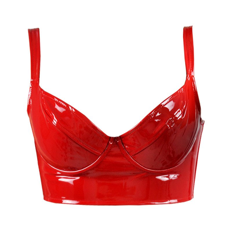 PU漆皮胸衣亮面红色弹性钢圈内搭打底文胸吊带抹胸仿真皮塑身街头