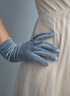 包邮灰色金丝绒手套22cm短款银色女款礼服高弹力天鹅绒触屏手机