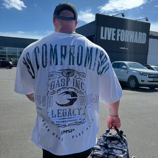 肌肉半袖 运动宽松美式 健身加大T恤胖子精梳棉五分袖 绝不妥协短袖