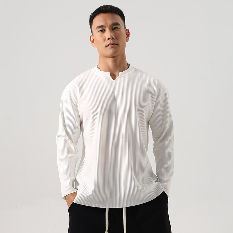 条纹V领长袖T恤男士速干运动打底衫简约圆领健身训练上衣白色内搭,运动服/休闲服装,健身衣,淘宝优惠券,粉丝福利购,淘宝优惠卷