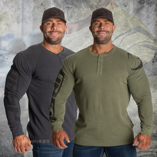 亨利领长袖 健身型男秋冬训练打底复古保暖热身运动纽扣华夫格T恤