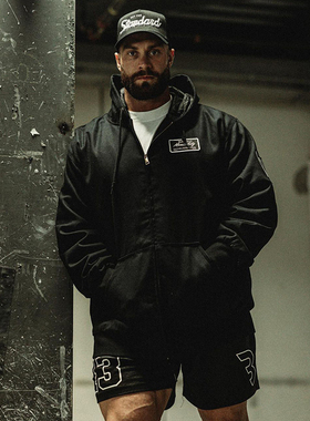 C宝克里斯外套夹克男健身夹棉冬季宽松大码运动CBUM连帽拉链棉服