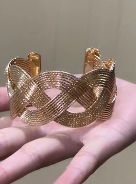 Vintage古着 中古风编织闪耀金色麻花金属开口手镯高级感手环手饰