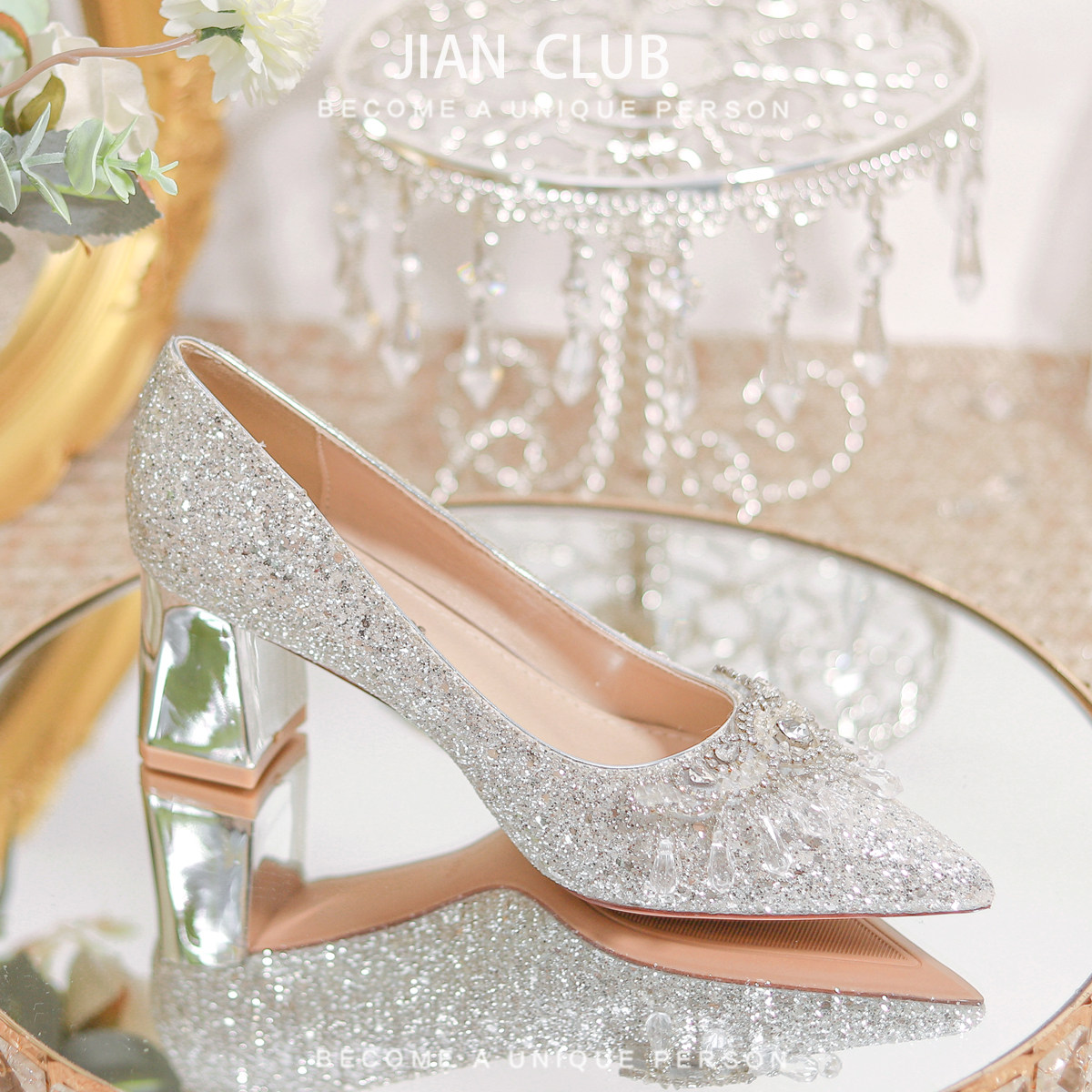 Elegant Silver Chunky Mid-Heel Wedding Shoes | Crystal Comfort - Product image 5