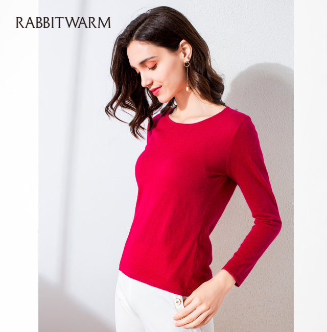 RABBITWARM 簡(jiǎn)約純色圓領(lǐng)兔絨毛衣打底衫 套頭針織衫  蕾沃爾女裝