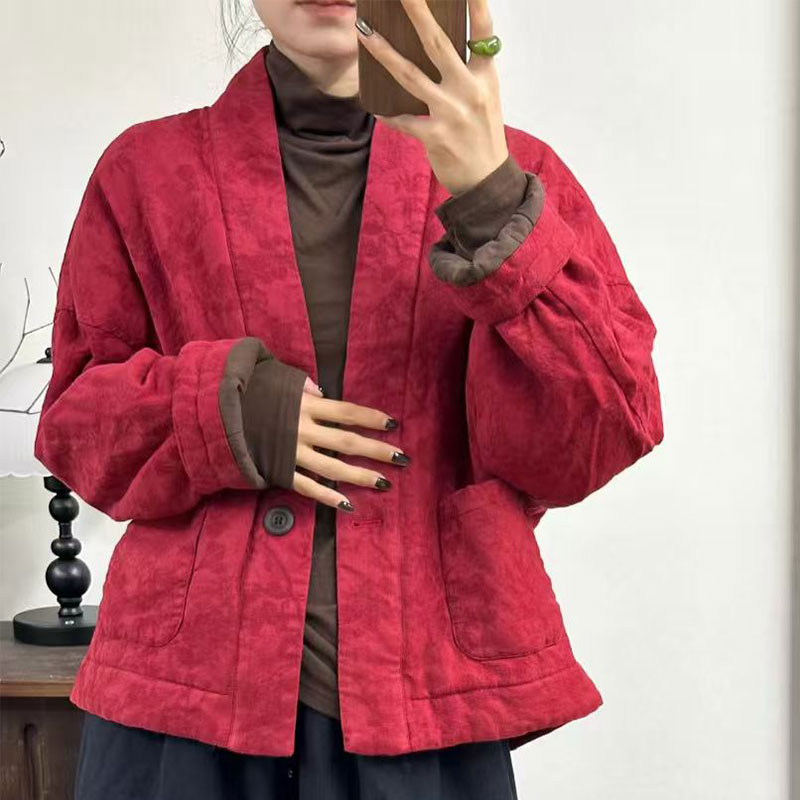 亚麻提花棉服开衫外套文艺复古个性潮大码宽松休闲冬加厚上衣减龄