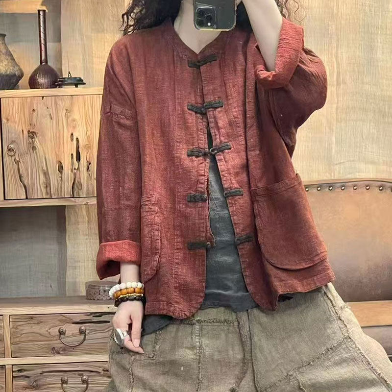 秋加厚亚麻开衫外套文艺复古个性大码宽松休闲民族风新中式女百搭
