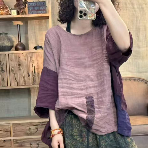 品牌高端苎麻上衣女文艺复古大码宽松休闲民族风新中式个性潮夏薄