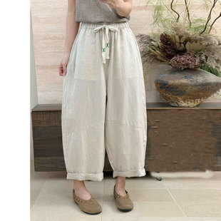 个性 春夏亚麻阔腿裤 收脚老爹裤 宽松休闲百搭八分裤 女文艺简约大码