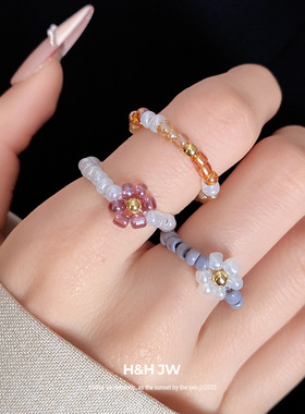 韩国新款珠花朵弹力绳戒指三件套个性设计感食指戒轻奢高级感手饰