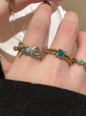 新款镶钻爱心开口戒指中古vintage气质食指戒轻奢高级感手饰批发