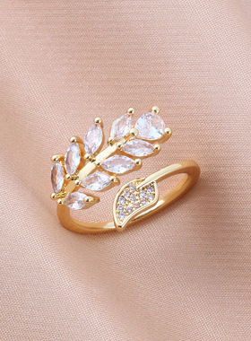 韩国东大门锆石树叶开口戒指精致时尚气质十字架小众高级感手饰女