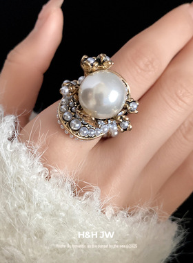 新款复古珍珠花朵时尚简约戒指小众气质百搭食指戒轻奢高级感手饰