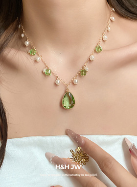 韩国东大门新款复古绿色珍珠吊坠项链小清新气质颈链高级感锁骨链