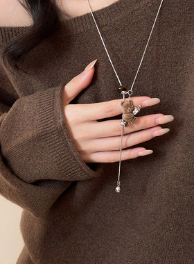 韩国新款植绒镶钻小熊吊坠项链时尚简约小众锁骨链个性高级感饰品