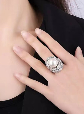 韩国东大门锆石珍珠圆形开口戒指精致超闪指环法式轻奢风气质手饰