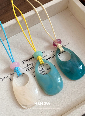 韩国新款蜡绳椭圆形吊坠项链个性设计感气质锁骨链小众高级感项饰