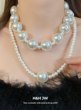 新款双层珍珠串珠吊坠项链法式复古时尚气质锁骨链轻奢高级感项饰