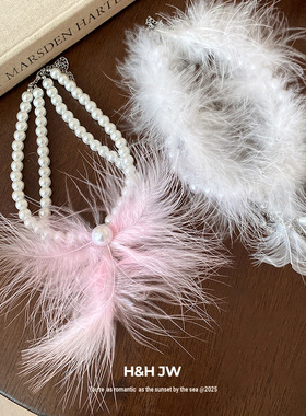 新款双层珍珠串珠羽毛流苏项链简约设计颈链时尚轻奢高级感项饰女