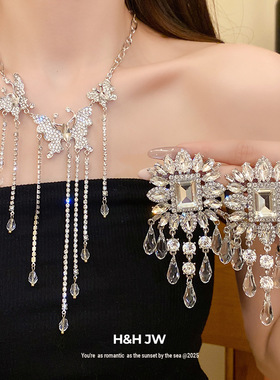 新款欧美镶钻蝴蝶流苏项链时尚潮流小众设计感锁骨链宴会婚礼配饰