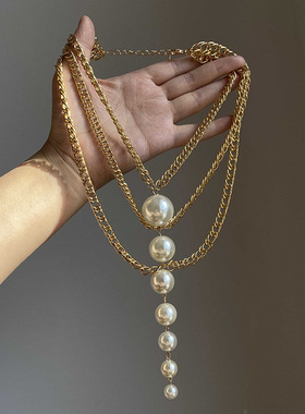 新款欧美珍珠串珠多层流苏项链轻奢气质小众锁骨链夸张百搭饰品女