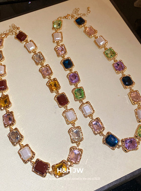 韩国东大门中古镶钻方形拼接项链复古宫廷风锁骨链轻奢高级感项饰