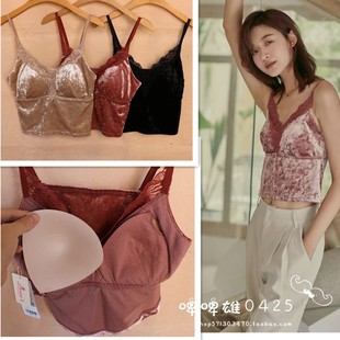 性感蕾丝边金丝绒吊带背心女V领免文胸潮黑色内搭D0331 丽维正品