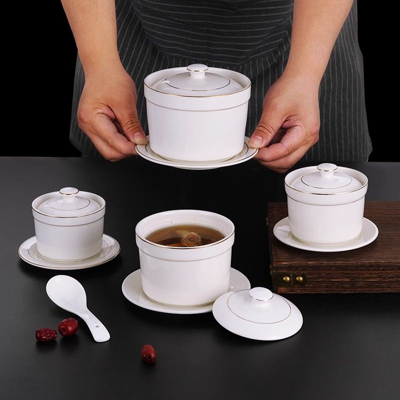 陶瓷汤盅带盖描金边会所餐具燕窝碗隔水炖盅炖罐甜品煲蒸蛋盅小碗,厨房/烹饪用具,炖锅/炖煲/汤煲,淘宝优惠券,粉丝福利购,淘宝优惠卷