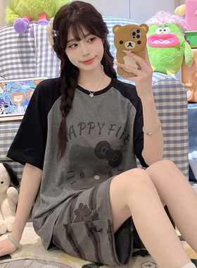 睡衣女夏天卡通甜美大码宽松家居服短裤短袖学生休闲两件套外穿