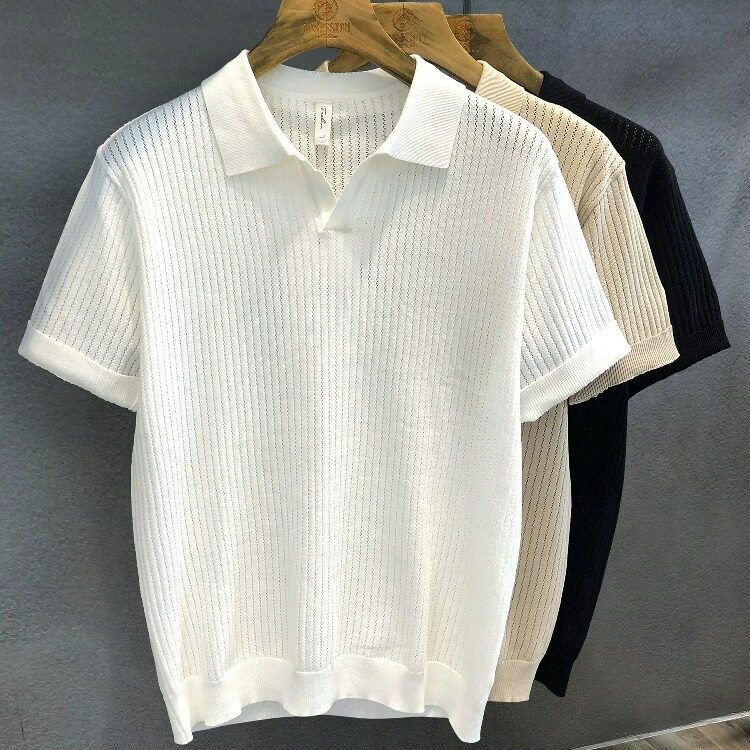 thumbnail for Khaki cutout, light and mature small V-neck design, ice silk knitted POLO shirt, men's summer lapel short-sleeved T-shirt, men's